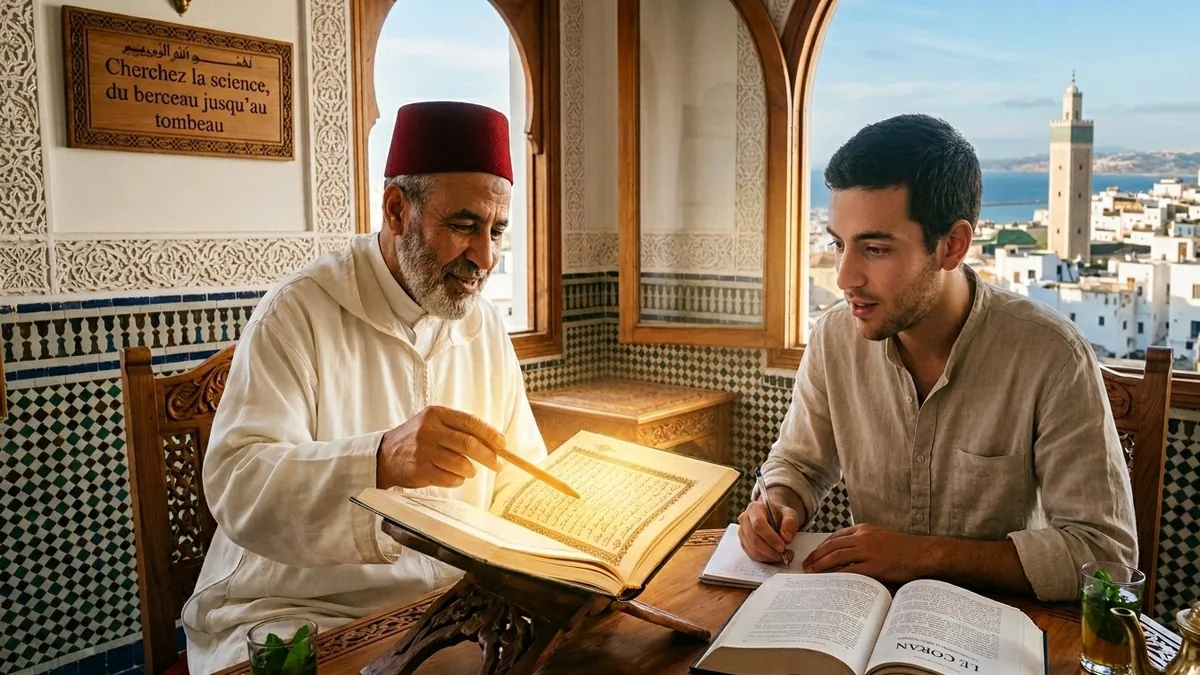 Cours d'arabe coranique à Tanger — professeur et étudiant étudient le Coran ensemble avec vue sur la médina