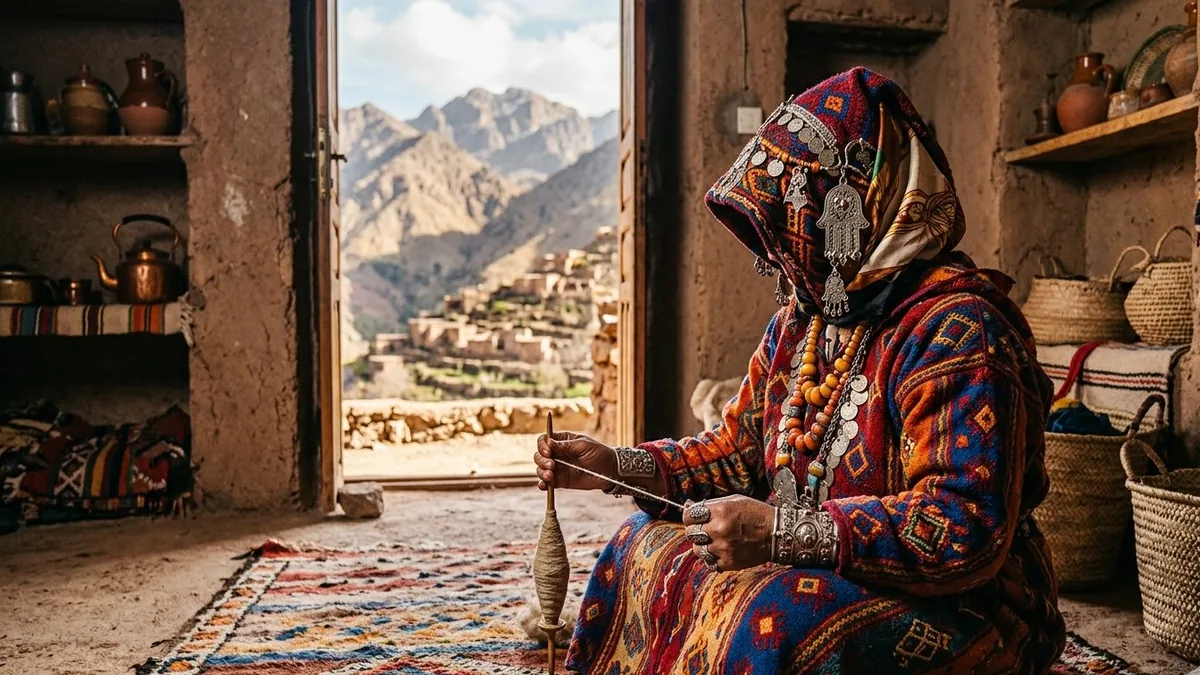 Femme berbère amazighe dans les montagnes du Maroc avec tapis et artisanat traditionnel