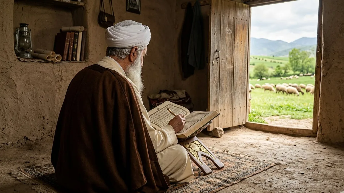 Homme âgé lisant et étudiant le Coran — la compréhension du Coran est le travail d'une vie entière