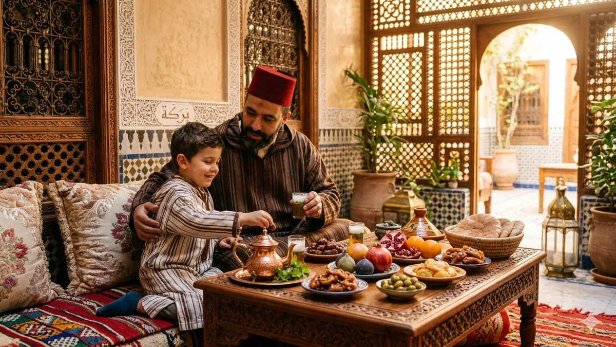 Un père et son fils dans un riad marocain devant une table abondante — illustration de la baraka d'Allah