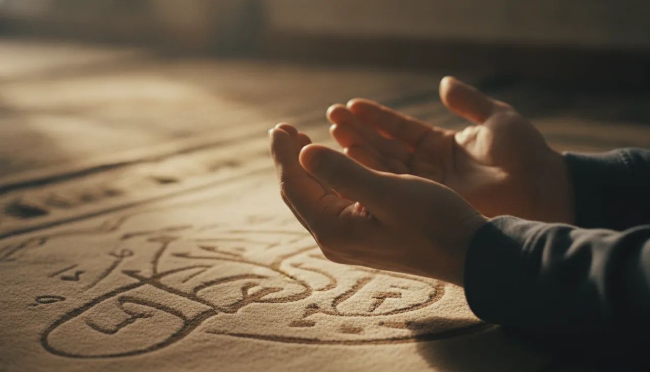 Mains ouvertes en duʿāʾ sur un tapis de prière, lumière dorée du Fajr — le dhikr du cœur après la prière