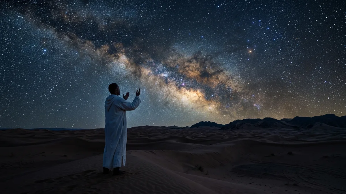 Homme en tenue marocaine dans le désert, mains levées en invocation sous la Voie lactée — illustration de la dimension cosmique du tasbīḥ
