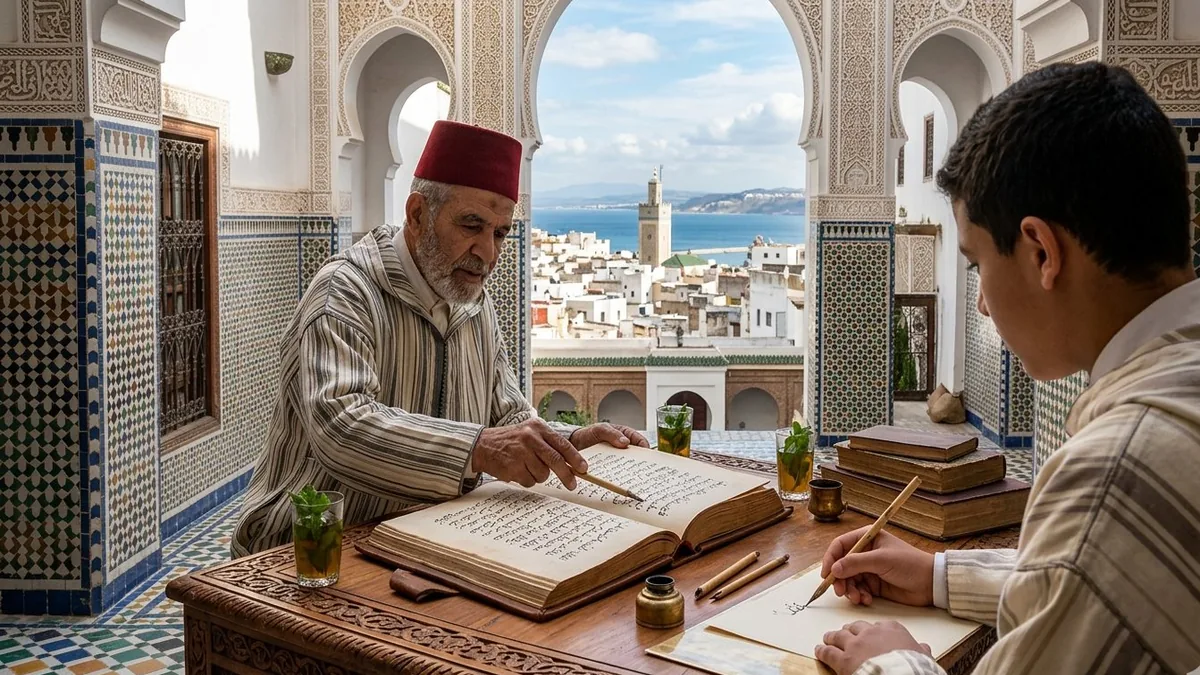 Professeur d'arabe et étudiant travaillant sur un manuscrit arabe à Tanger, avec vue sur la ville et la mer