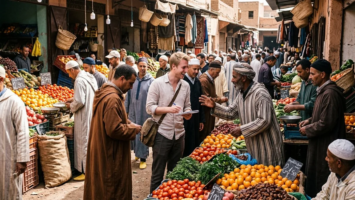 Apprenant étranger pratiquant l'arabe au souk de Tanger — immersion totale dans la langue arabe